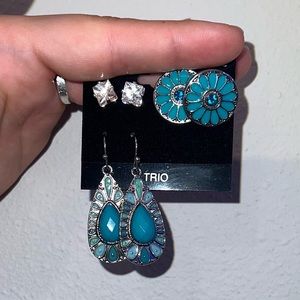Three earrings stud and dangle. Blue county boHo